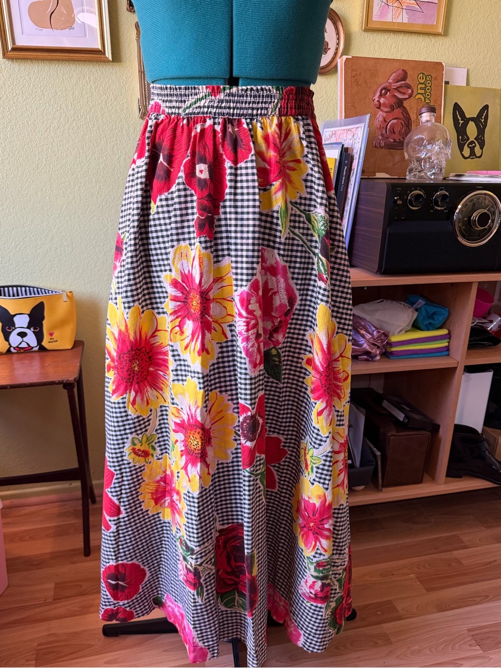 Vintage 80s Gene Ewing BIS Floral Gingham Maxi Skirt Small